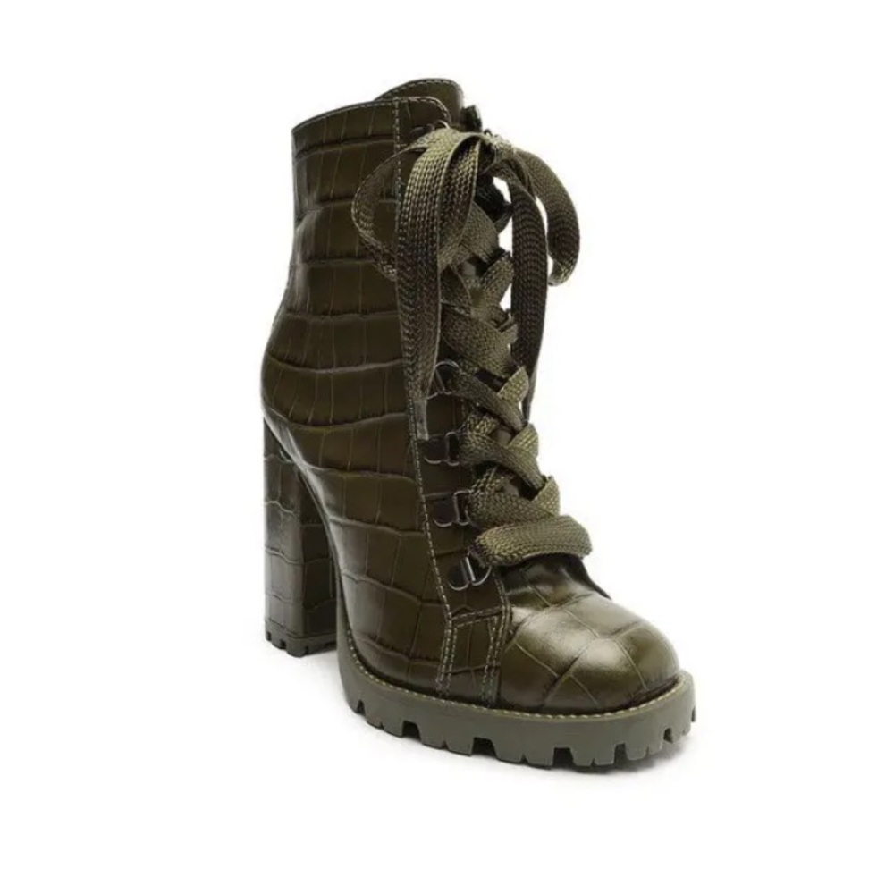 SCHUTZ Olive Croc-Embossed Lace-Up Block Heel Boot - Picture 2 of 4